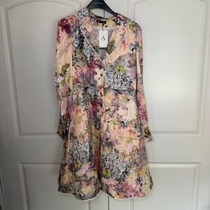 Anewsta Floral Scallop Trim Long Sleeve Mini Dress Pink Purple Yellow Womens XL